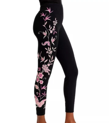 BNWT Johnny Was Rosalyn Floral Embroidered Stretch Cotton Leggings Black L 130 - Image 1 of 4