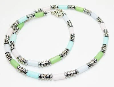 zarte Halskette Walzen mehrfarbig pastell Polaris Hämatit silber Strass 035a - Bild 1 von 4