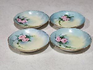 SET OF 4- Hand Painted Racine Bavaria Roses & Gold Border 3" Butter Pats