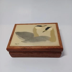 Vintage Wood Jewelry Trinket Box Geese Duck Ceramic Tile Lid Signed W MORGAN ‘82 - Picture 1 of 12