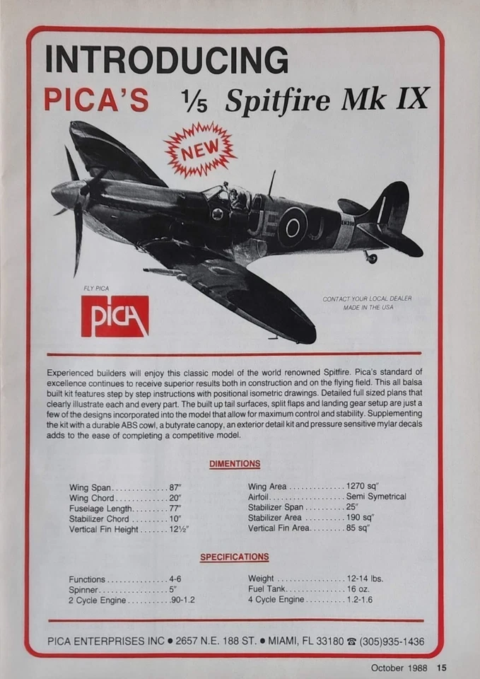 PICA 1/5 Spitfire Mk IX Plane Vintage Print Ad Ephemera Wall Decor  - Image 1 of 1