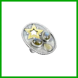 18K Gold Finish Silber Labradorit Edelstein Stern Einfassung Vorsteckring Schmuck - Bild 1 von 7