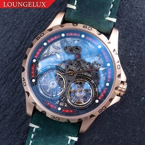 Mens Rose Gold Double Flywheel Skeleton Automatic Mechanical Watch Green Suede - Picture 1 of 13