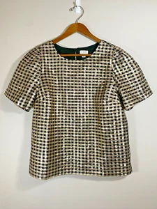 J Crew Blouse Puff Sleeve Top Womens MEDIUM Black Metallic Gold Lurex Gingham - Picture 1 of 6