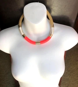Choker Necklace Gold Tone Braided with Pink and White colored Thread - Picture 1 of 3