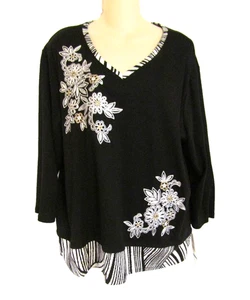 NEU MIT ETIKETT ALFRED DUNNER VERZIERT SCHWARZ/WEISS BAUMWOLLE-POLYESTER 3/4-SLV Tunika Top XL - Bild 1 von 14