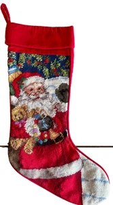 Vintage Santa/Teddy Christmas Stocking Needlepoint Wool Velveteen Back 20 Inches - Picture 1 of 9