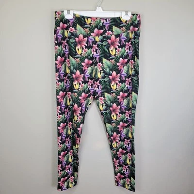 Leggings al tobillo rosa amarillo púrpura estampado de flores poliéster spandex curvas plus Foto 1 de 4