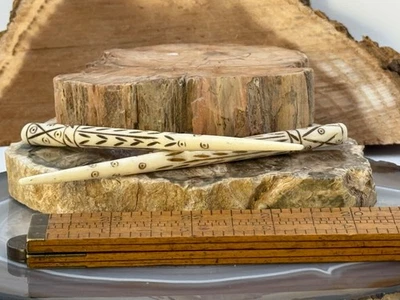 PAIR of 4.5" Hand Carved Buffalo Bone Brown & White Natural Hair Sticks--2323.25 - Image 1 of 4