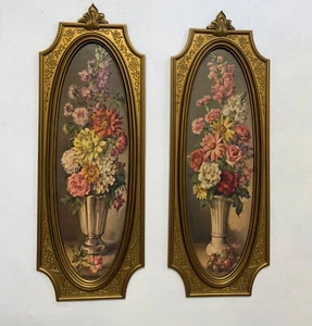 Syroco 1964 WALL ART CECIL RUBINO FLORENTINE GOLD FRAMED FLORAL PRINTS SET OF 2 - Picture 1 of 8