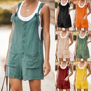 Womens Summer Linen Cotton Jumpsuit Dungarees Pocket Shorts Playsuit Overalls UK - Picture 1 of 16