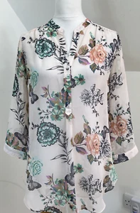 Wallis Chiffon Blouse Light Pink Blue Floral Butterfly Print Size S Button Up - Picture 1 of 10