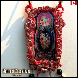 jewelry woman necklace pendant russian doll ooak matrioska folkloric folk ethnic - Picture 1 of 24