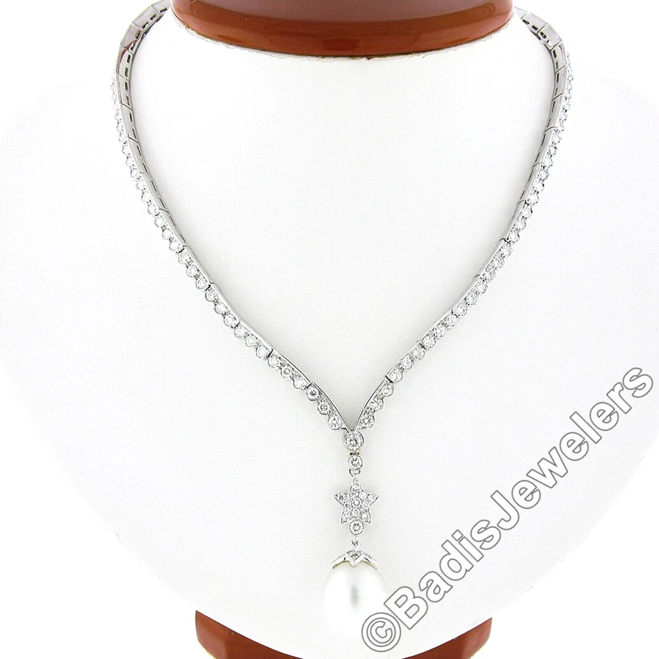 Elegante collar colgante colgante colgante con gota de estrella y perla de diamantes Chevron de 4,69 quilates de oro de 18k  Foto 1 de 4