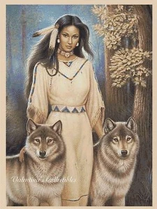 Gráfico de punto de cruz contado de niña nativa americana con lobos n.º 3-405 - Imagen 1 de 1