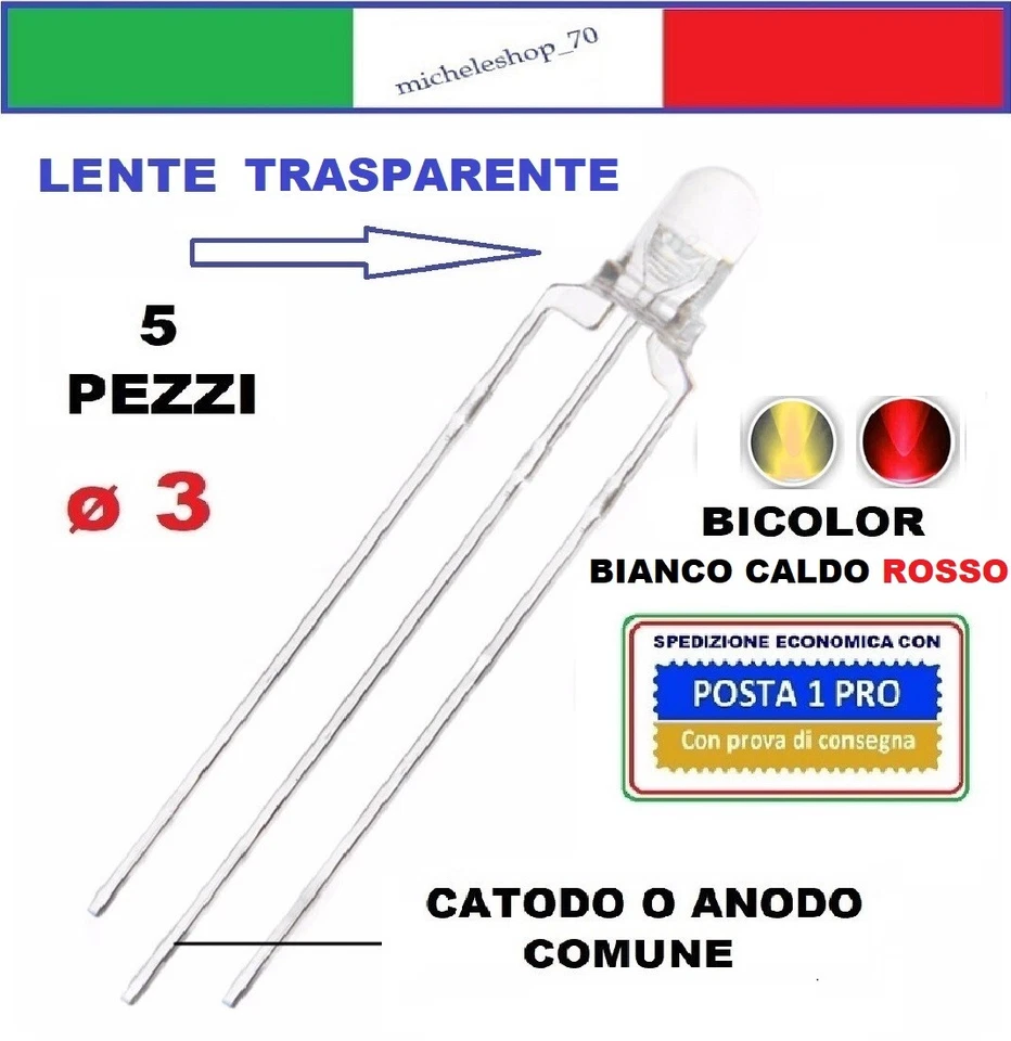 diodo led bicolore bianco caldo/rosso 3pin catodo/anodo com ø3 lente trasparente - Immagine 1 di 1