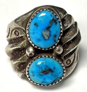 Vintage Native American 2 Turquoise Men's Ring 21.4 gr Sterling 925 Size 10.75 - Picture 1 of 13