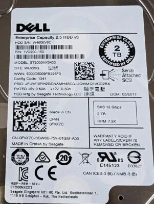 FVX7C 0FVX7C Dell ENTERPRISE 2TB 7.2K RPM 12Gb/s 2.5" SAS HDD Hard Drive 0-HOURS - Image 1 of 2