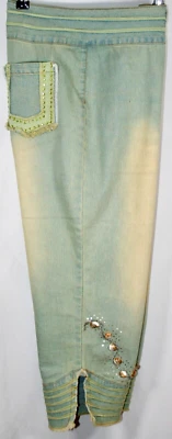 Simon Chang Size 4 Capri Green Distressed Denim Art To Wear Foto 1 de 4