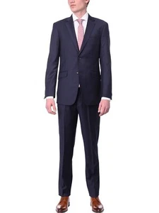 Men's Slim Fit Solid Navy Blue Two Button Wrinkle Resistant 100% Wool Suit - Picture 1 of 4