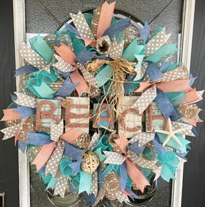 Peach & Denim Rustic Raffia Beach Summer Deco Mesh Wreath Decor Decoration - Picture 1 of 6