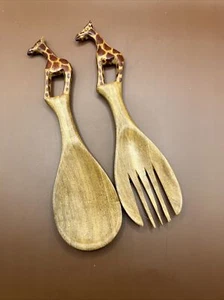 2 Giraffe Hand Carved Wood Wooden Salad Servers Tongs  Fork and Spoon African - Picture 1 of 4