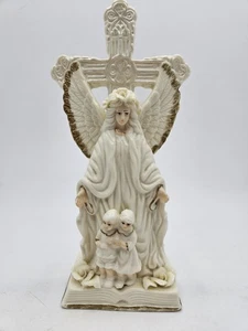 Religious Ceramic  Angel With Cross Gold Painted Trim With Children Bible  - Picture 1 of 6