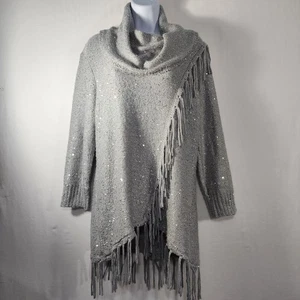 Maglione pullover maglia Reba taglia XL argento paillettes frange collo cappuccio dopo 5 brillantini - Foto 1 di 17