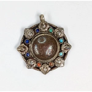 Vintage Bhutan China/Tibet Coin Turquoise Coral Lapis 2" Silver Tone Pendant - Picture 1 of 8