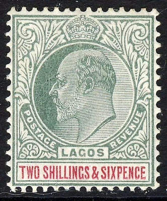 LAGOS NIGERIA KE VII 1904 2/6d. Corona marca de agua verde y carmín CA SG 51 MNH Foto 1 de 2
