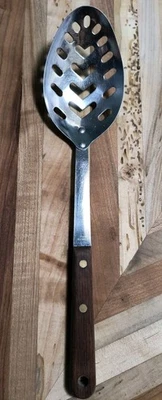 Stainless Steel Slotted V Serving Spoon Skimmer Wooden Riveted Handle 11.5" - Image 1 of 4