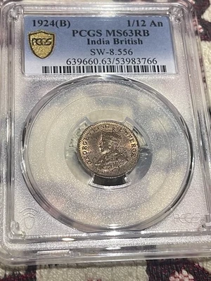 1924 B India-British 1/12 Anna 💎🌟💎PCGS MS63RB💎🌟💎 SW 8.556 - Image 1 of 4