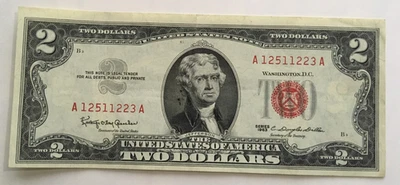 1963 $2.00 TWO DOLLAR RED SEAL NOTE almost uncirculated A12511223A AU - Image 1 of 2