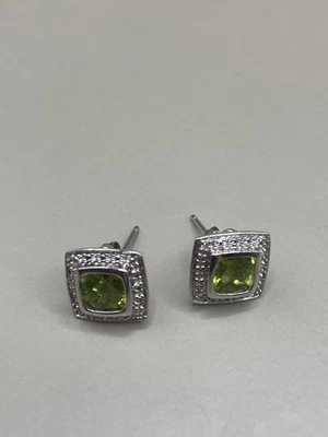 Sterling Silver 925 Diamonds Peridot Post Pierced Square Stud 0.4” Earrings - Image 1 of 4