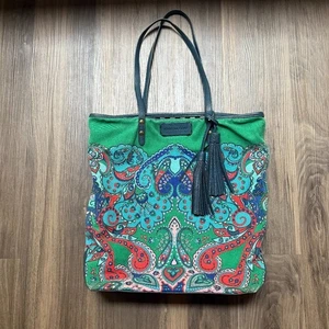 Isabella Fiore Canvas Beuteltasche Tasche grün Paisley Alltag Tragetasche Quaste Akzent - Bild 1 von 8