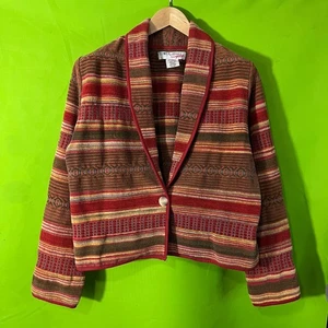 Size 10 Medium TOWER HILL 90s Red Orange Striped Chenille Cardigan Jacket Boho - Picture 1 of 5