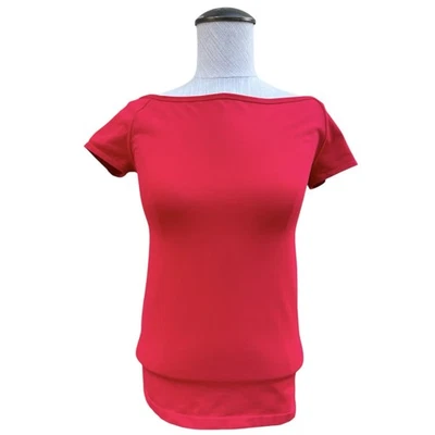 Helmut Lang Open Boat Neck Cap Sleeve Seamless T Shirt Red Amaryllis Medium - Image 1 of 4
