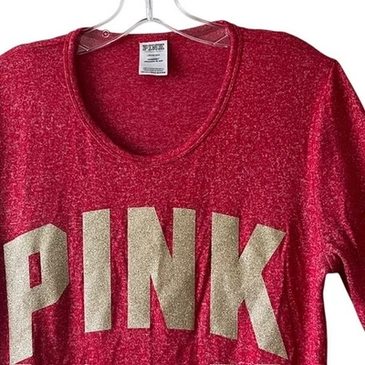 Prendas para dormir para mujer Victoria's Secret ROSA Top L rojo dorado brillo logotipo manga larga Foto 1 de 4