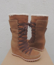 UGG Mason Tall Corset Laced Chestnut Suede Wool Wedge BOOTS Size 10 US