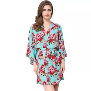 Satin Floral Light Blue Japanese Kimono Pajamas Sleepwear Bathrobe Medium - Picture 1 of 1