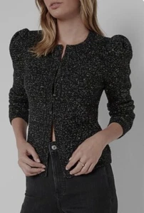NWT Express Black Front Button Sweater Large, Gold Tread Shoulder Pads MSRP $148 - Picture 1 of 11