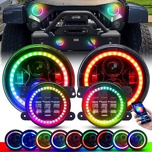 RGB 7" LED Headlights 4'' Fog Lights Kits For Jeep Wrangler JK JKU 07-17 Combo