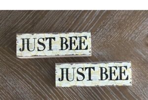 Distressed Wooden “Just Bee” Decor Sign Shelf Sitter Set Of 2 Glitter 7”x2”x1”