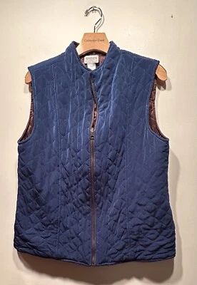 Chicos Travelers Quilted Vest Blue Brown Zip Front 2 L Stretch Knit Pockets - Image 1 of 3