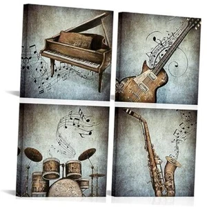 4 Panel Music Canvas Wall Art Vintage Piano Guitar Drum Set Saxophone - Picture 1 of 7