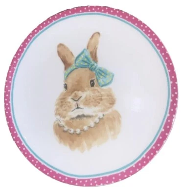 VTG Pier 1 Girl Bunny Rabbit Green Polka Dot Bow Necklace Plate 8 1/8”Diam Round - Image 1 of 4
