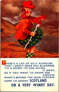 Cartolina umorismo scozzese che indossa kilt giorno ventoso Bamforth & Co. timbro postale 1965 - Foto 1 di 2
