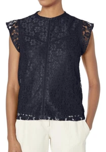 NWT Nanette Nanette Lepore High Neck Embroidered Lace Cap Sleeve Top Medium Blue - Picture 1 of 8