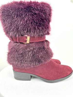 TARYN ROSE Women's 6.5B Giselle Suede Faux Fur Mid Calf Maroon Red Boots - Image 1 of 4