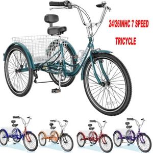 NAIZEA Adult Tricycle Trikes,7 Speed Three-Wheeled Bike 24/26 In Cruiser Bicycle - Picture 1 of 33